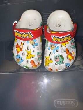 CROCS Kids White Clog Sandals with Red Straps and Pokémon Print